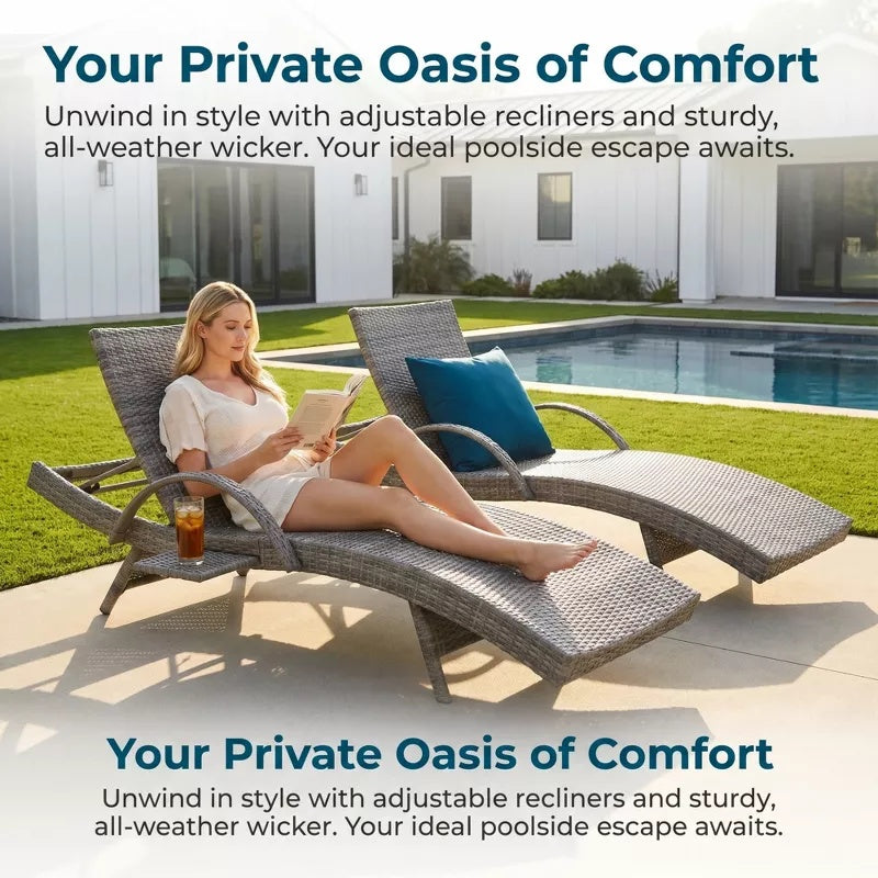 2-Piece 80" Outdoor Wicker Chaise Lounge Chairs with Pull-Out Table, 5-Level Recline