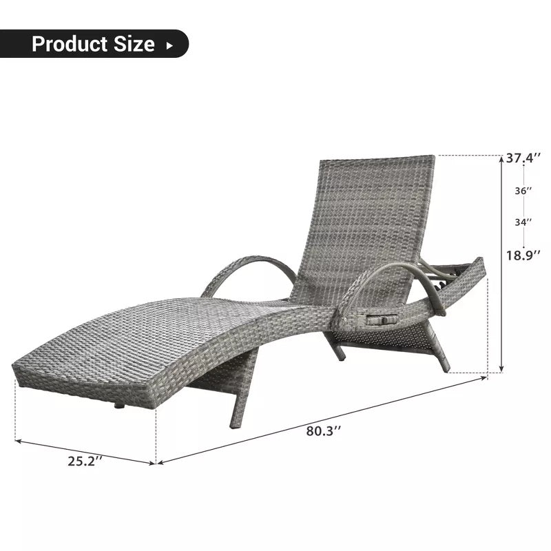 2-Piece 80" Outdoor Wicker Chaise Lounge Chairs with Pull-Out Table, 5-Level Recline