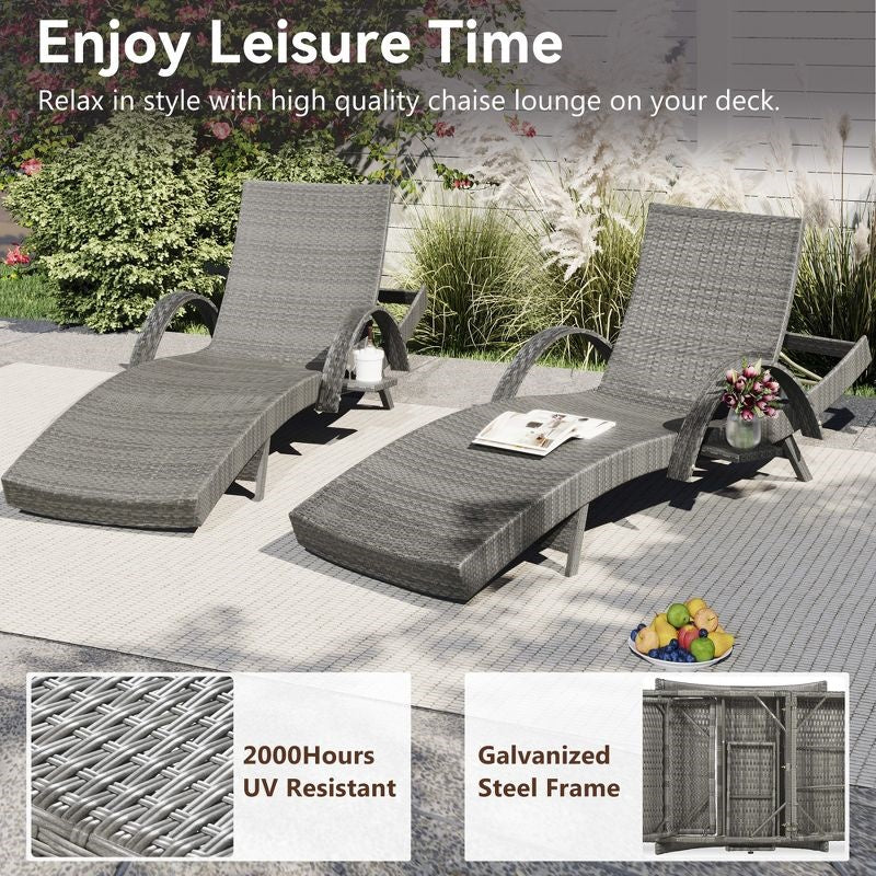 2-Piece 80" Outdoor Wicker Chaise Lounge Chairs with Pull-Out Table, 5-Level Recline