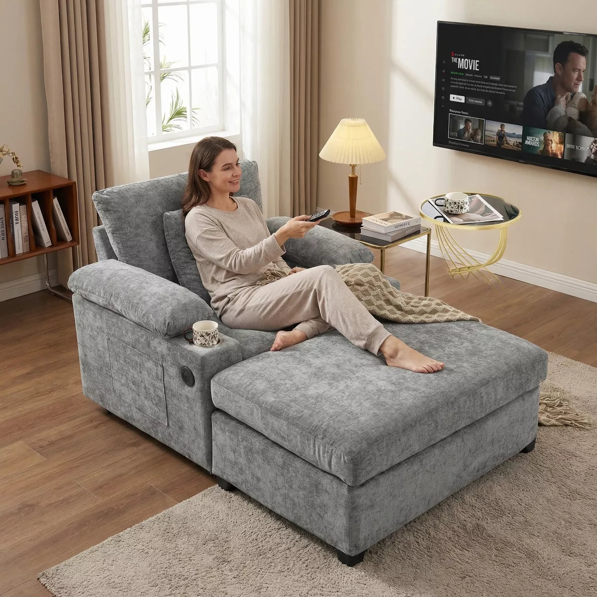 Ergonomic Chair with Ottoman Chenille Sofa with USB Port & Cup Holders