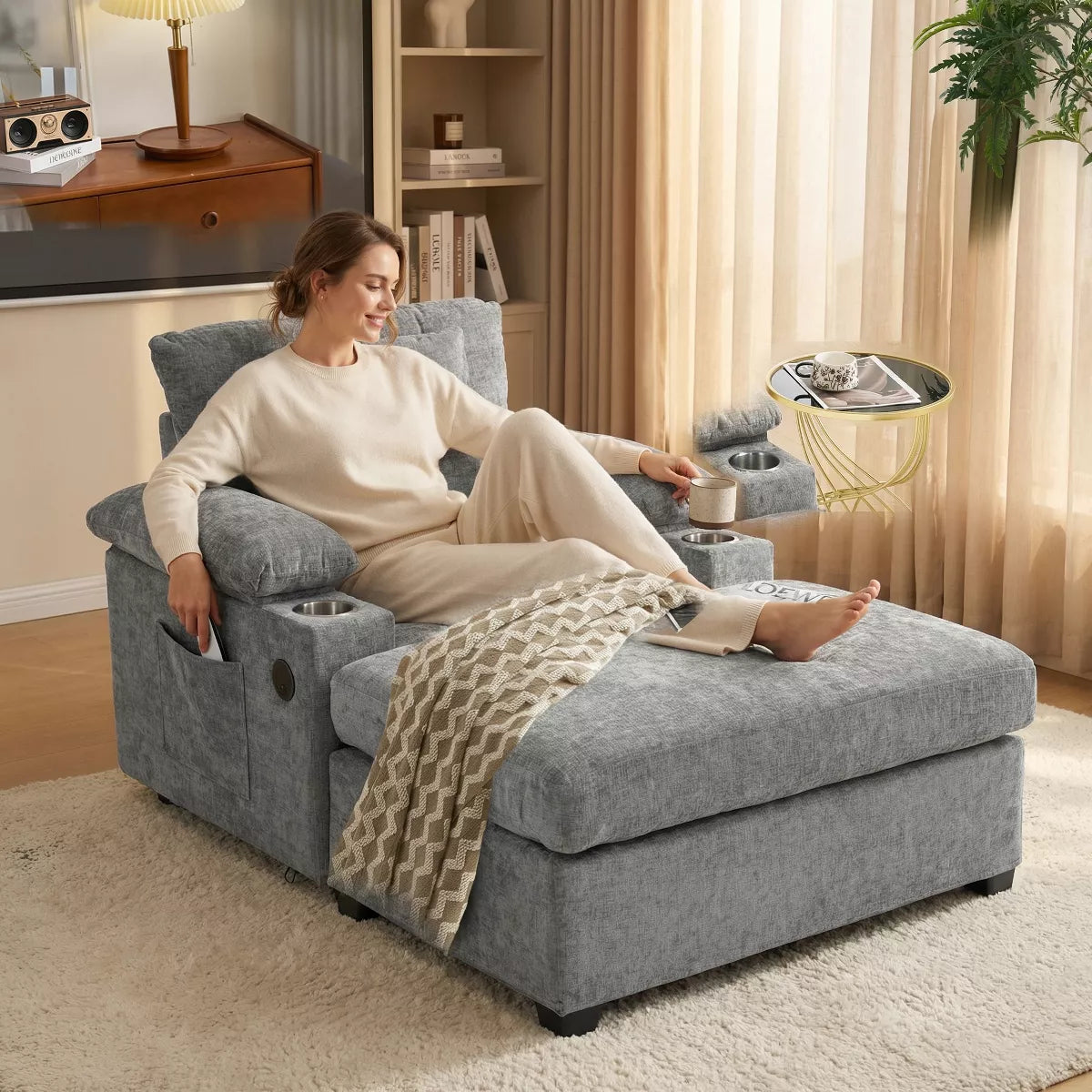 Ergonomic Chair with Ottoman Chenille Sofa with USB Port & Cup Holders