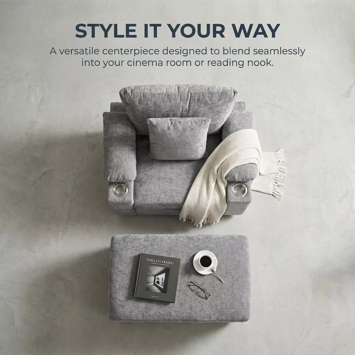 Ergonomic Chair with Ottoman Chenille Sofa with USB Port & Cup Holders