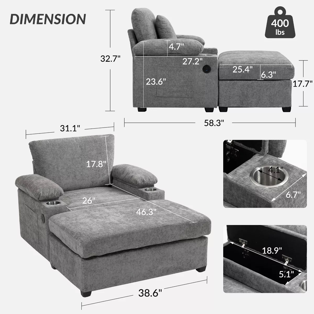 Ergonomic Chair with Ottoman Chenille Sofa with USB Port & Cup Holders