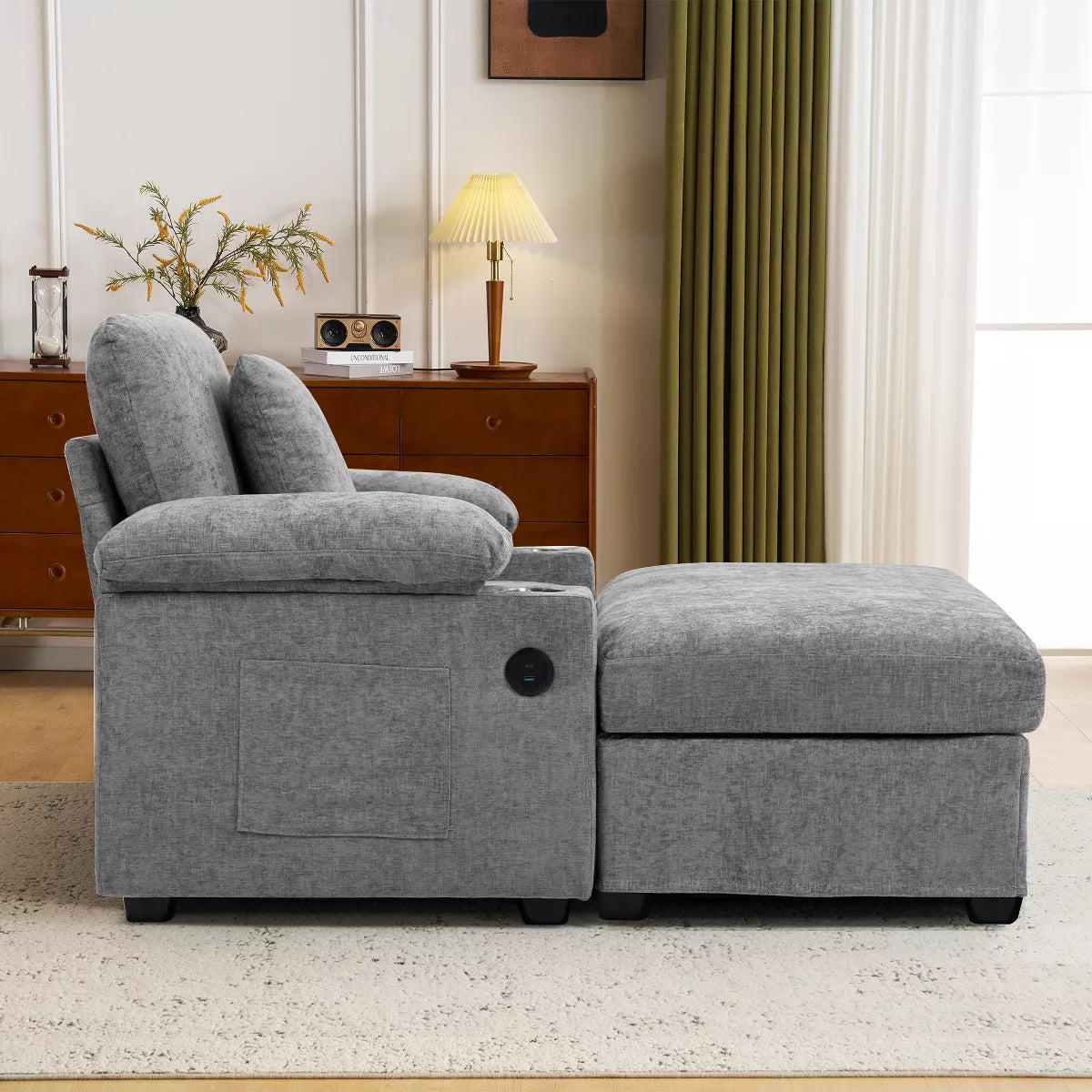Ergonomic Chair with Ottoman Chenille Sofa with USB Port & Cup Holders