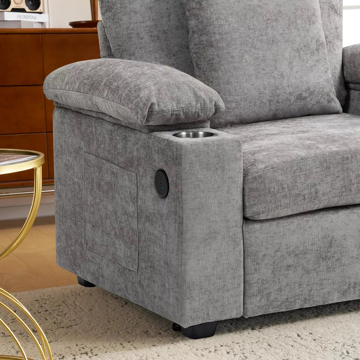 Ergonomic Chair with Ottoman Chenille Sofa with USB Port & Cup Holders