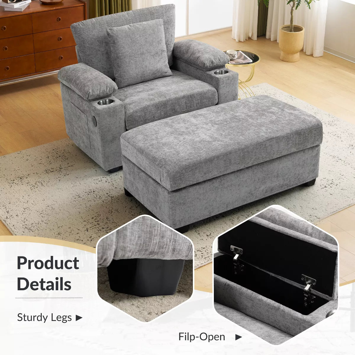 Ergonomic Chair with Ottoman Chenille Sofa with USB Port & Cup Holders