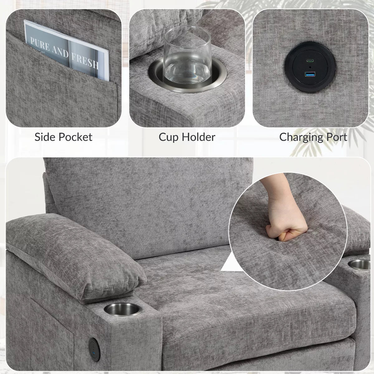 Ergonomic Chair with Ottoman Chenille Sofa with USB Port & Cup Holders