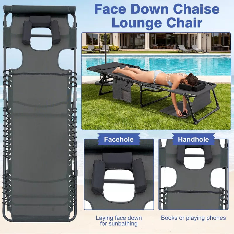 2-Pack Face Down Chaise Lounge Chairs with Face Hole, 5-Position Recliners for Beach Pool
