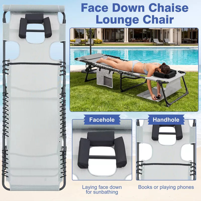 2-Pack Face Down Chaise Lounge Chairs with Face Hole, 5-Position Recliners for Beach Pool