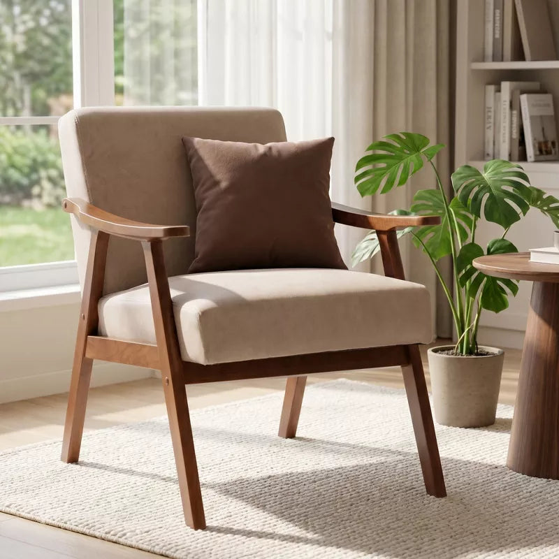 Mid Century Modern Armchair with Velvet Upholstery and Rubberwood Frame