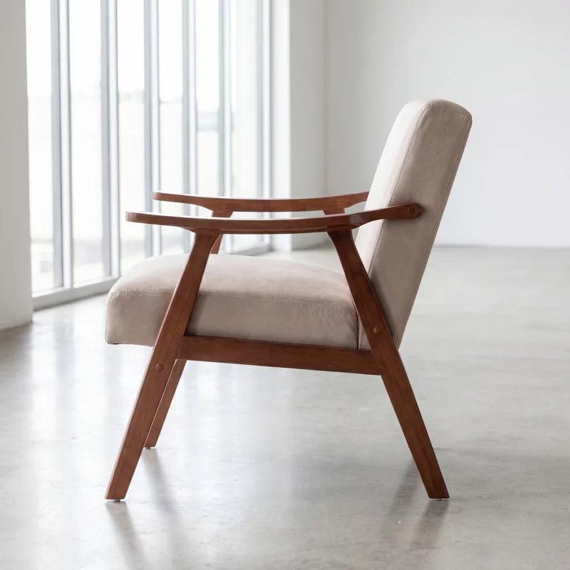 Mid Century Modern Armchair with Velvet Upholstery and Rubberwood Frame