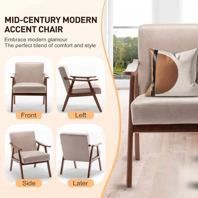 Mid Century Modern Armchair with Velvet Upholstery and Rubberwood Frame