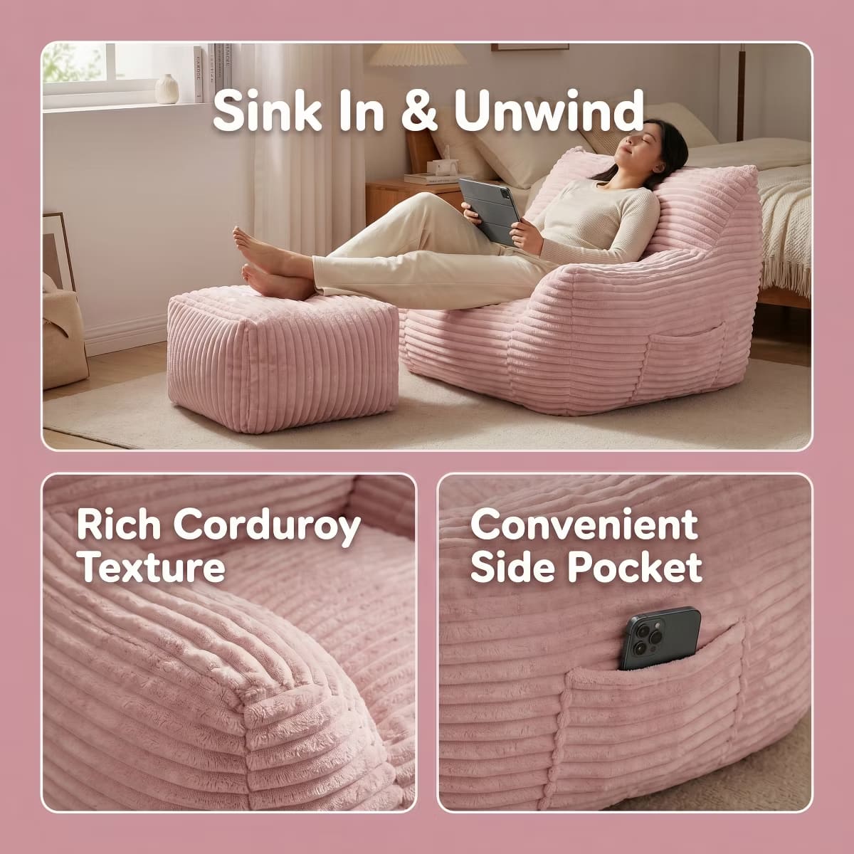 Oversized Bean Bag Chair with Ottoman, Plush Corduroy Adult Lounge Seat