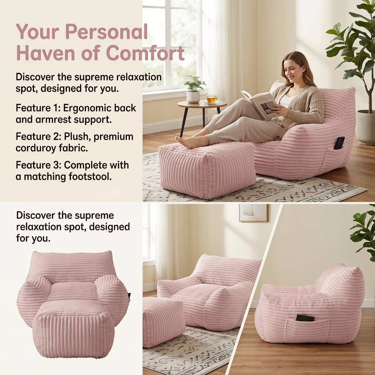 Oversized Bean Bag Chair with Ottoman, Plush Corduroy Adult Lounge Seat