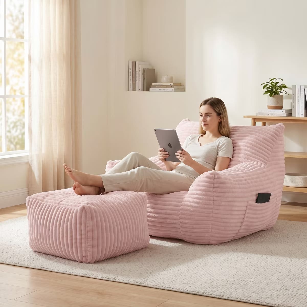 Oversized Bean Bag Chair with Ottoman, Plush Corduroy Adult Lounge Seat
