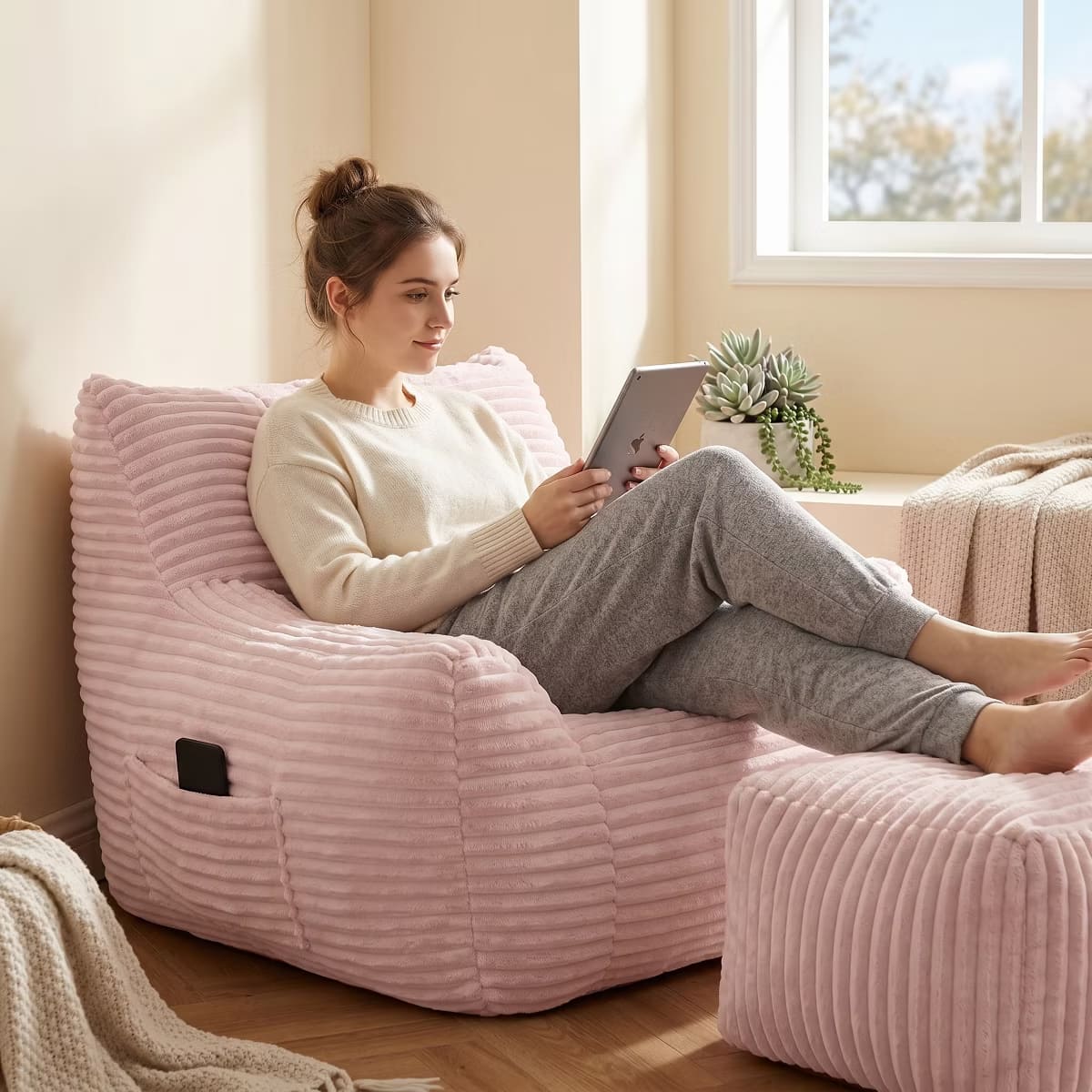 Oversized Bean Bag Chair with Ottoman, Plush Corduroy Adult Lounge Seat
