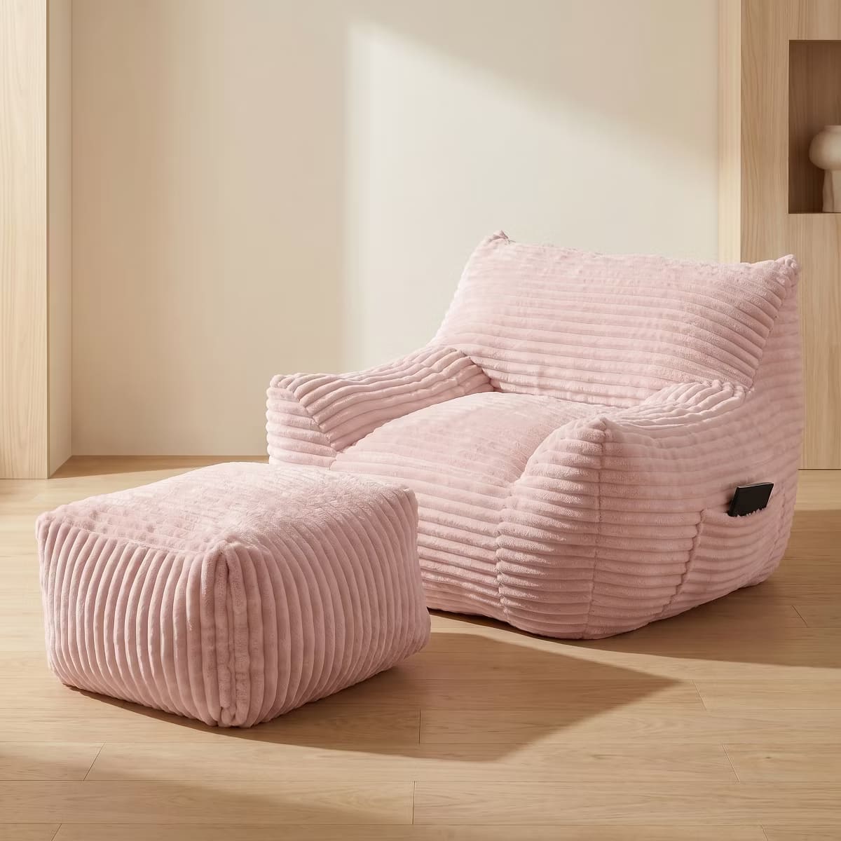 Oversized Bean Bag Chair with Ottoman, Plush Corduroy Adult Lounge Seat