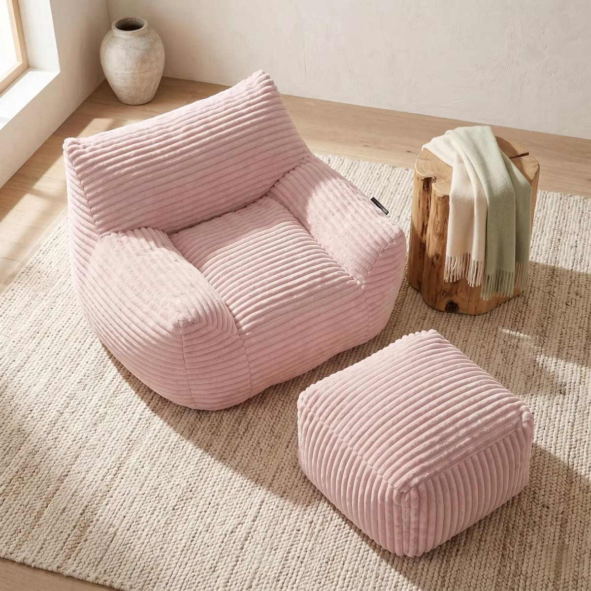 Oversized Bean Bag Chair with Ottoman, Plush Corduroy Adult Lounge Seat