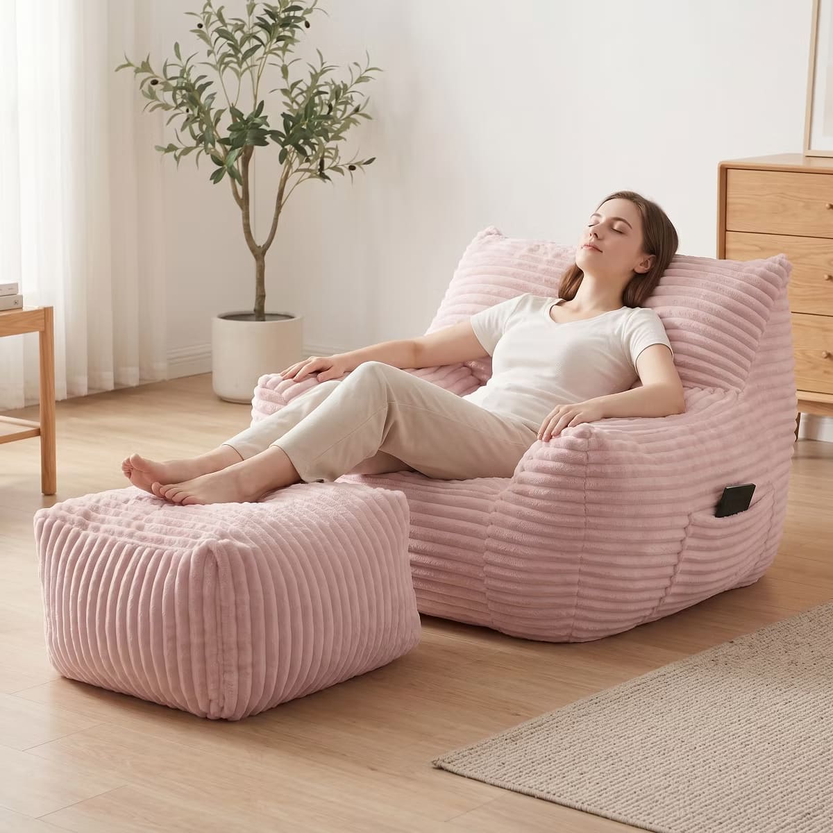 Oversized Bean Bag Chair with Ottoman, Plush Corduroy Adult Lounge Seat