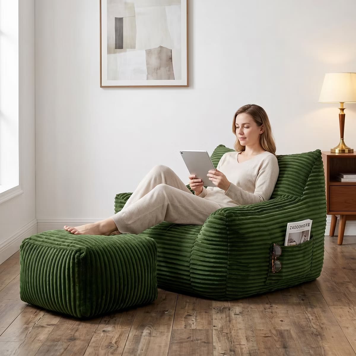 Oversized Bean Bag Chair with Ottoman, Plush Corduroy Adult Lounge Seat