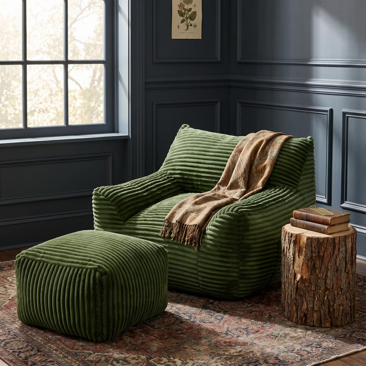 Oversized Bean Bag Chair with Ottoman, Plush Corduroy Adult Lounge Seat