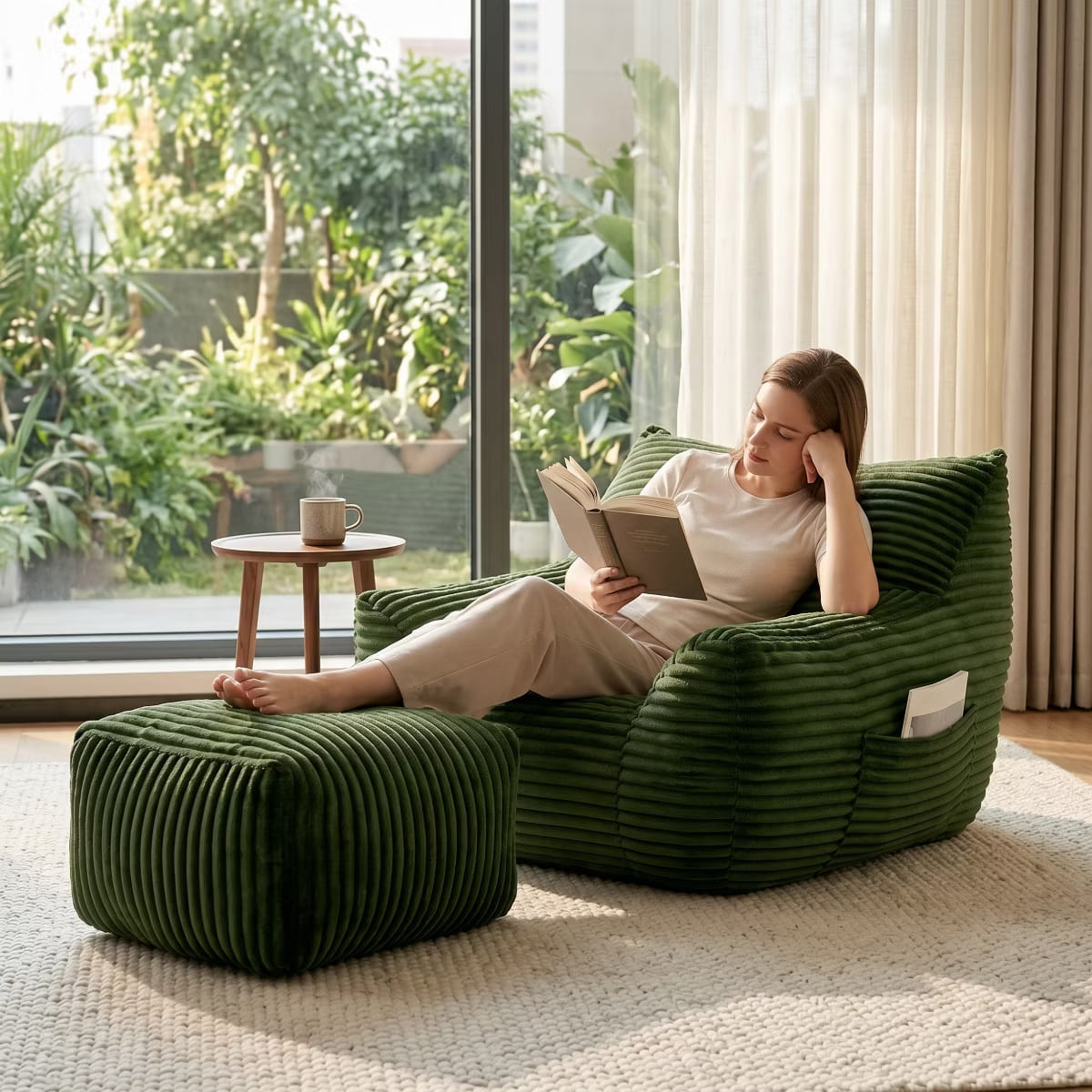 Oversized Bean Bag Chair with Ottoman, Plush Corduroy Adult Lounge Seat