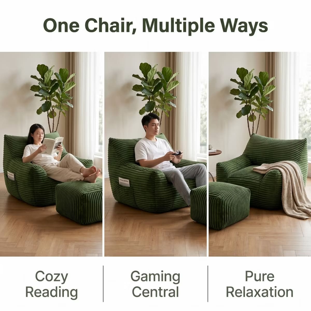 Oversized Bean Bag Chair with Ottoman, Plush Corduroy Adult Lounge Seat