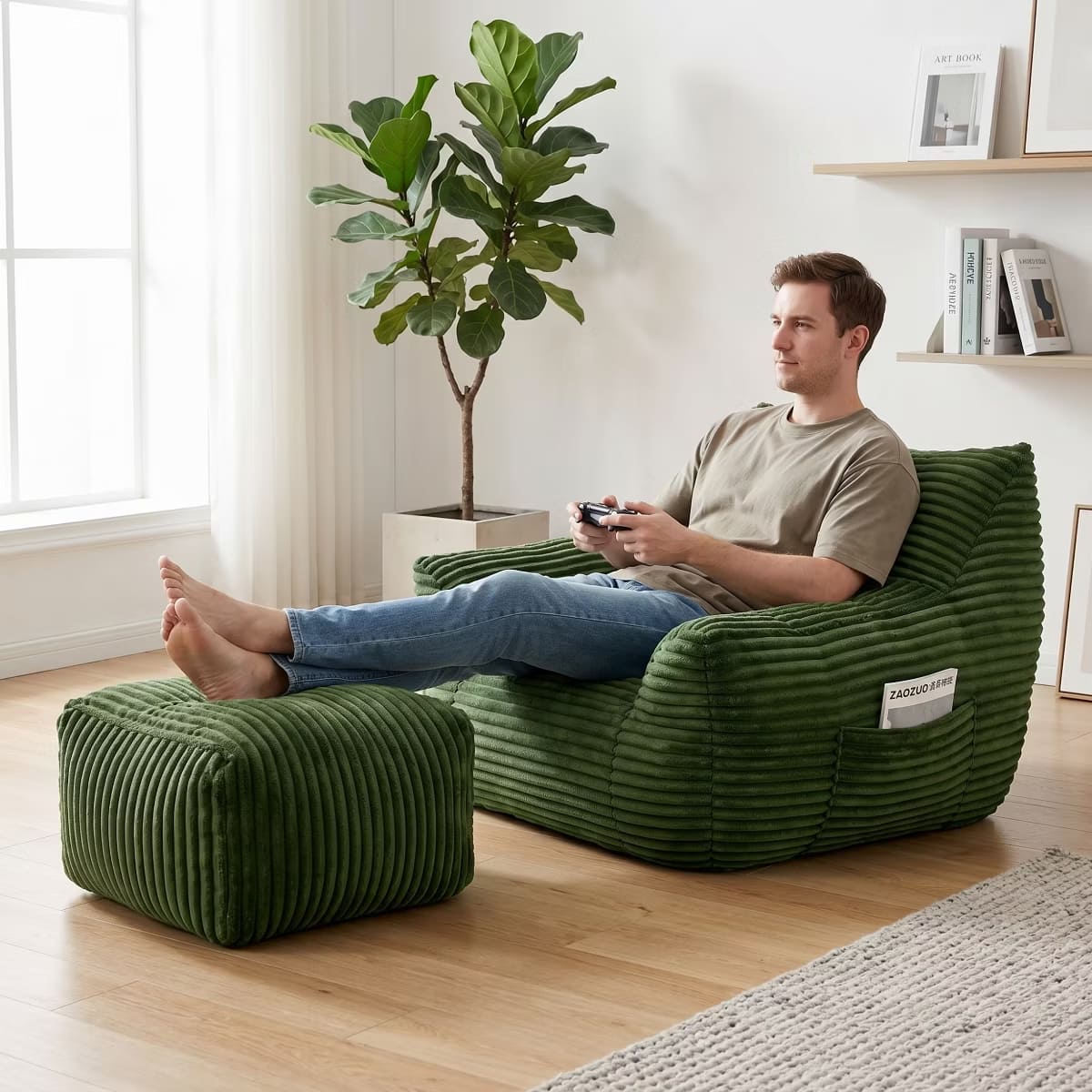 Oversized Bean Bag Chair with Ottoman, Plush Corduroy Adult Lounge Seat