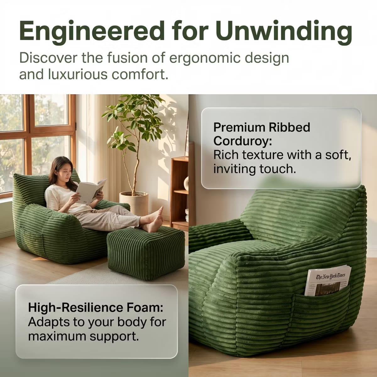 Oversized Bean Bag Chair with Ottoman, Plush Corduroy Adult Lounge Seat
