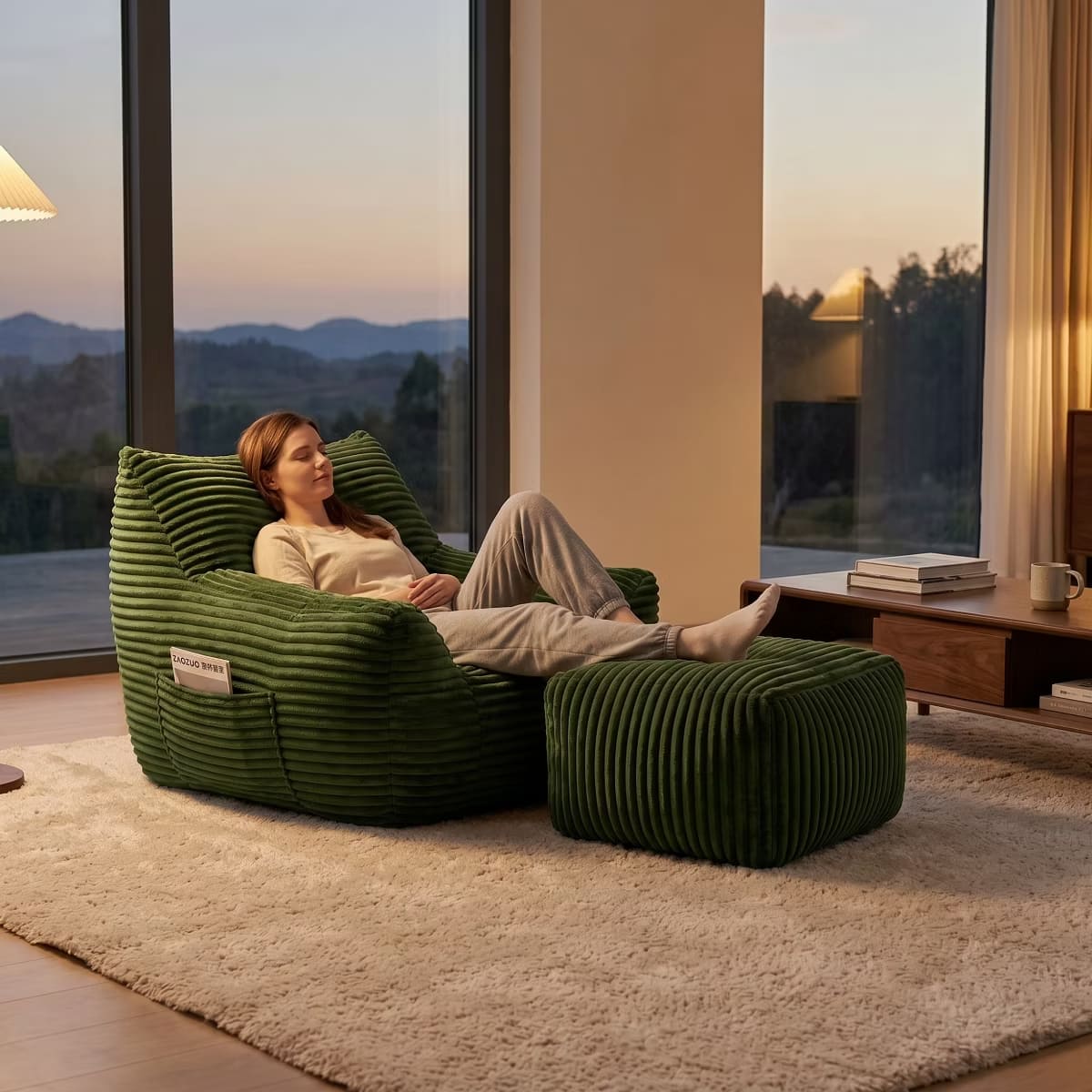 Oversized Bean Bag Chair with Ottoman, Plush Corduroy Adult Lounge Seat