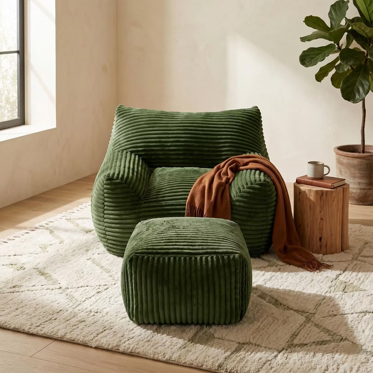 Oversized Bean Bag Chair with Ottoman, Plush Corduroy Adult Lounge Seat