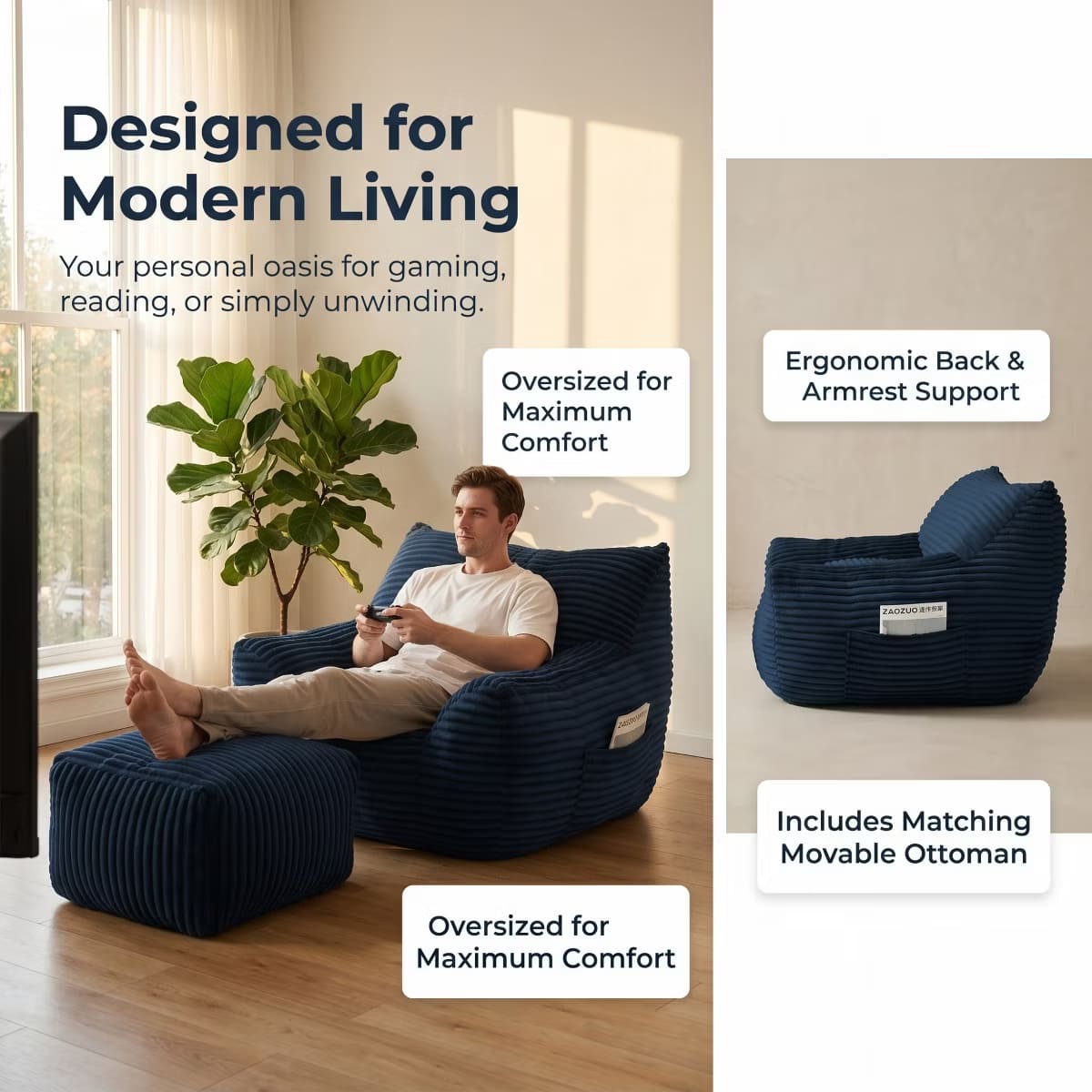 Oversized Bean Bag Chair with Ottoman, Plush Corduroy Adult Lounge Seat