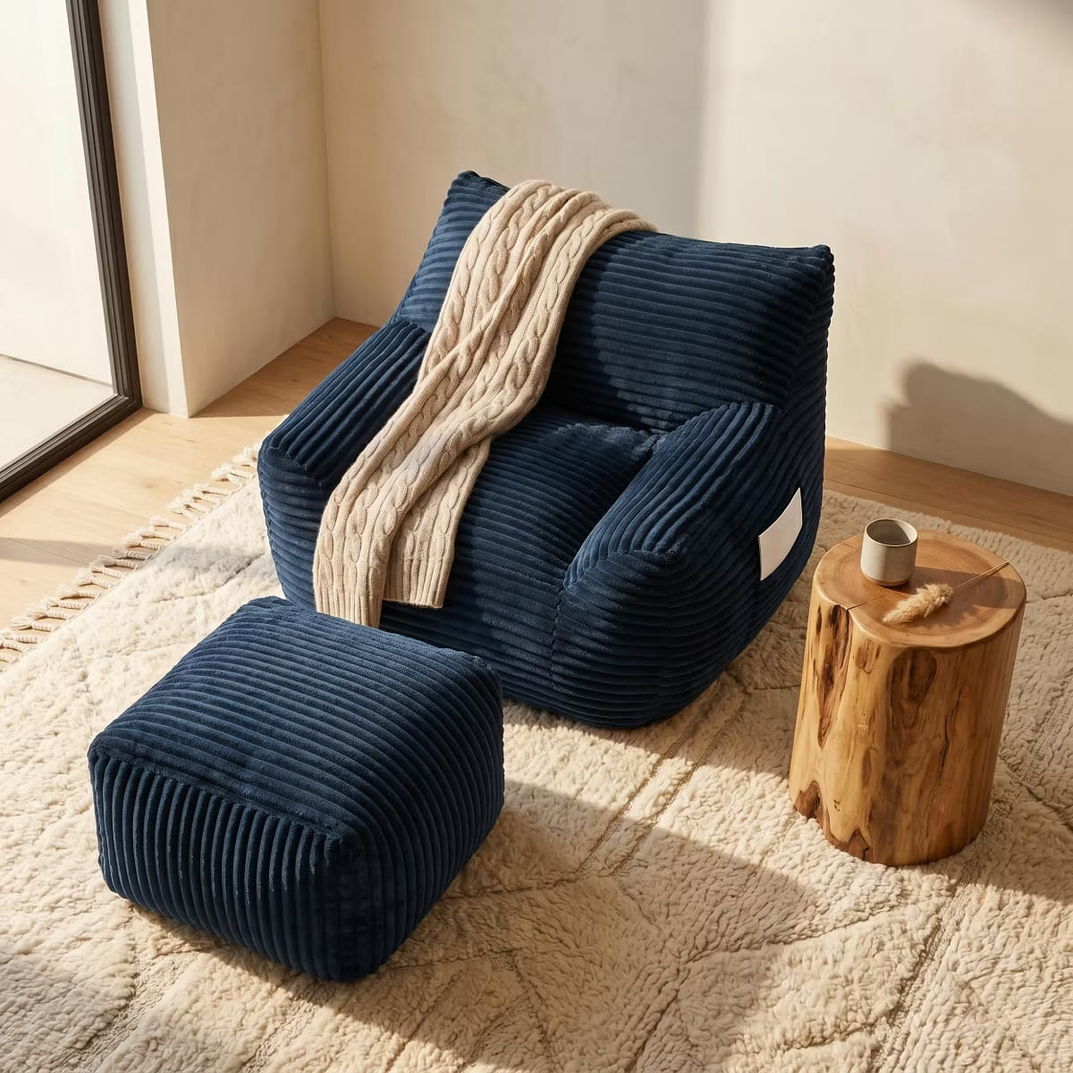 Oversized Bean Bag Chair with Ottoman, Plush Corduroy Adult Lounge Seat