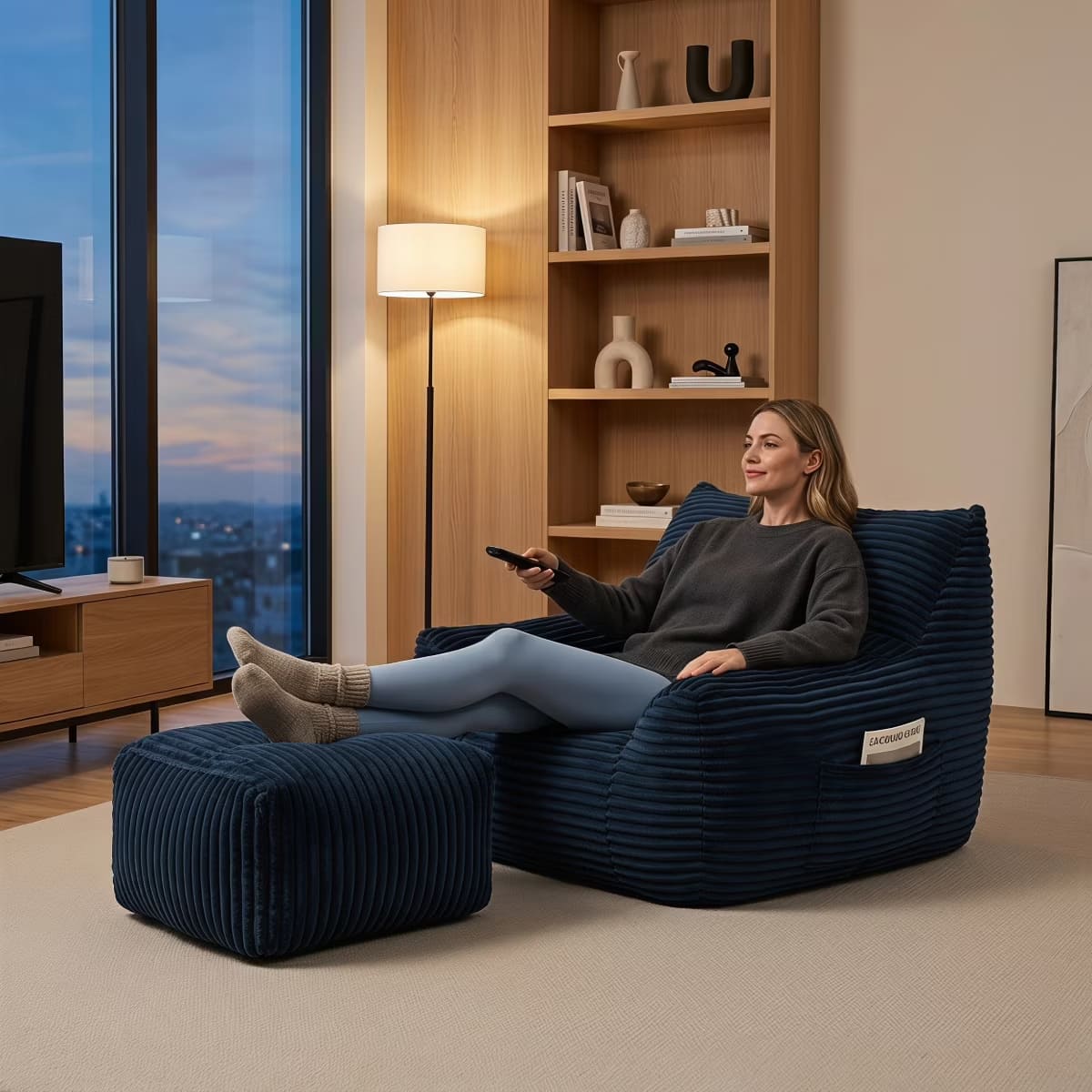 Oversized Bean Bag Chair with Ottoman, Plush Corduroy Adult Lounge Seat