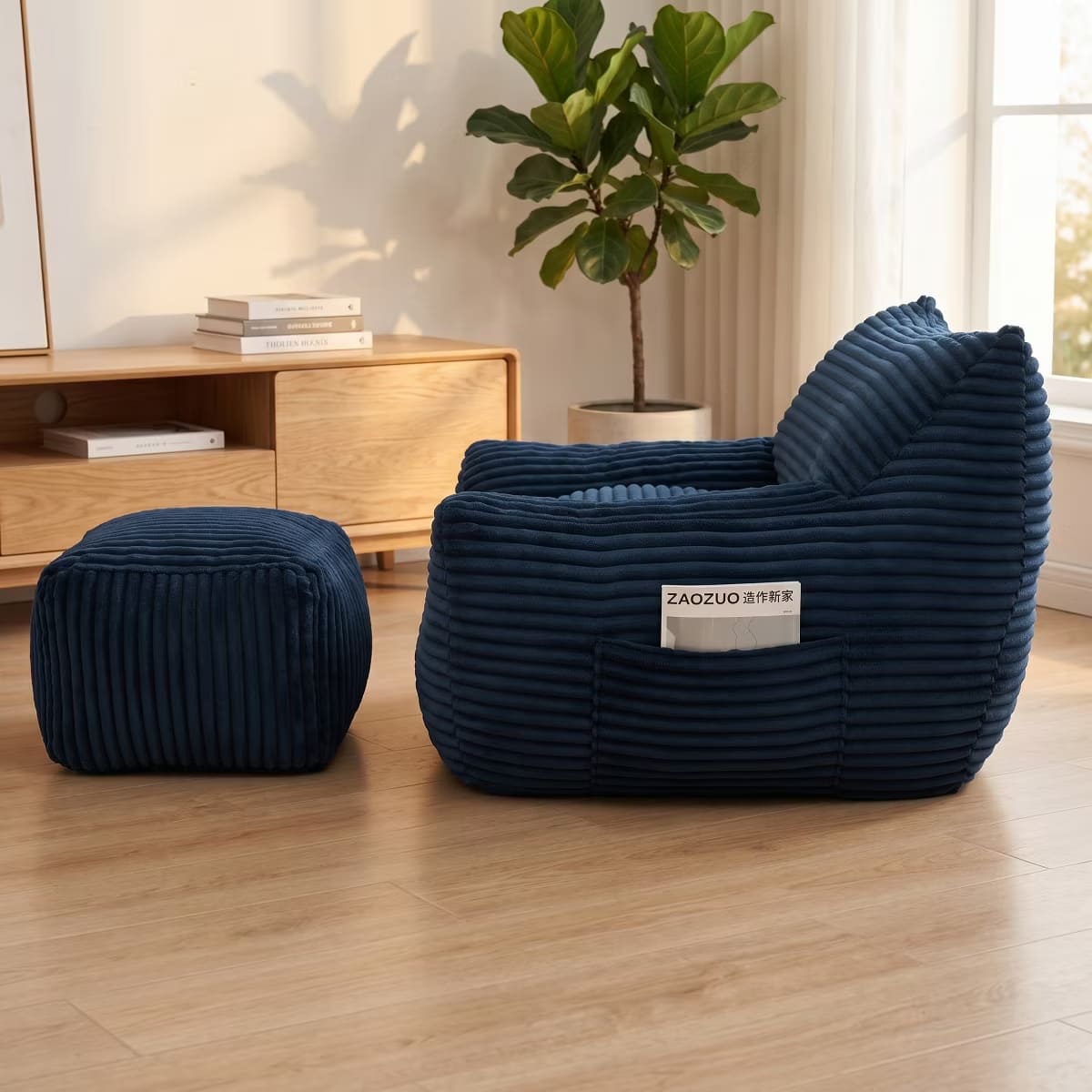 Oversized Bean Bag Chair with Ottoman, Plush Corduroy Adult Lounge Seat