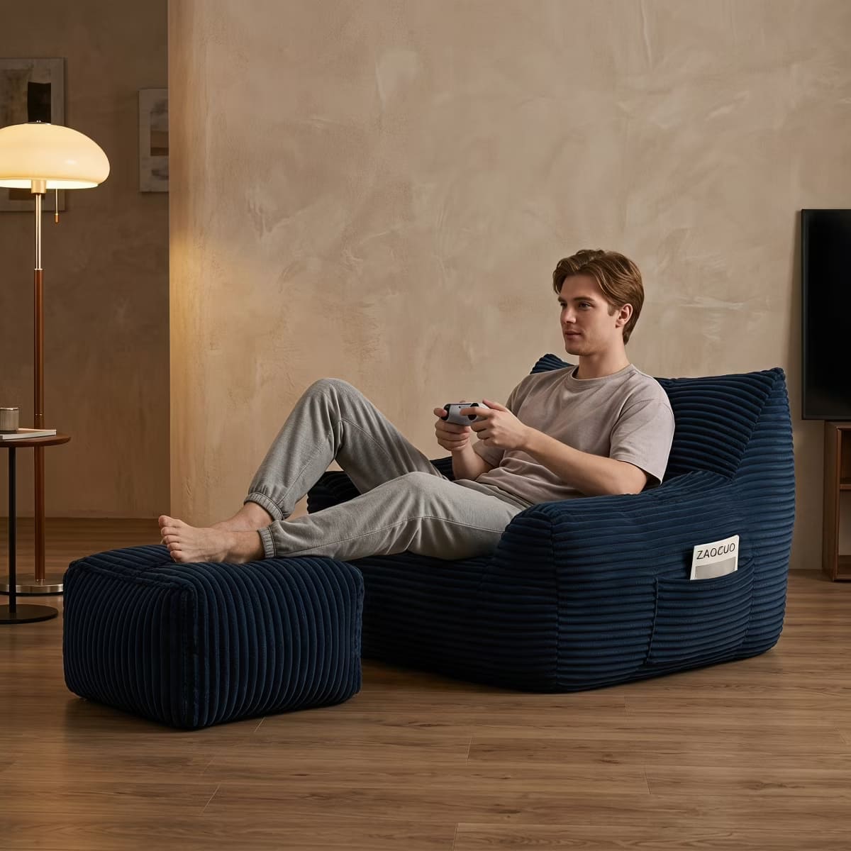 Oversized Bean Bag Chair with Ottoman, Plush Corduroy Adult Lounge Seat