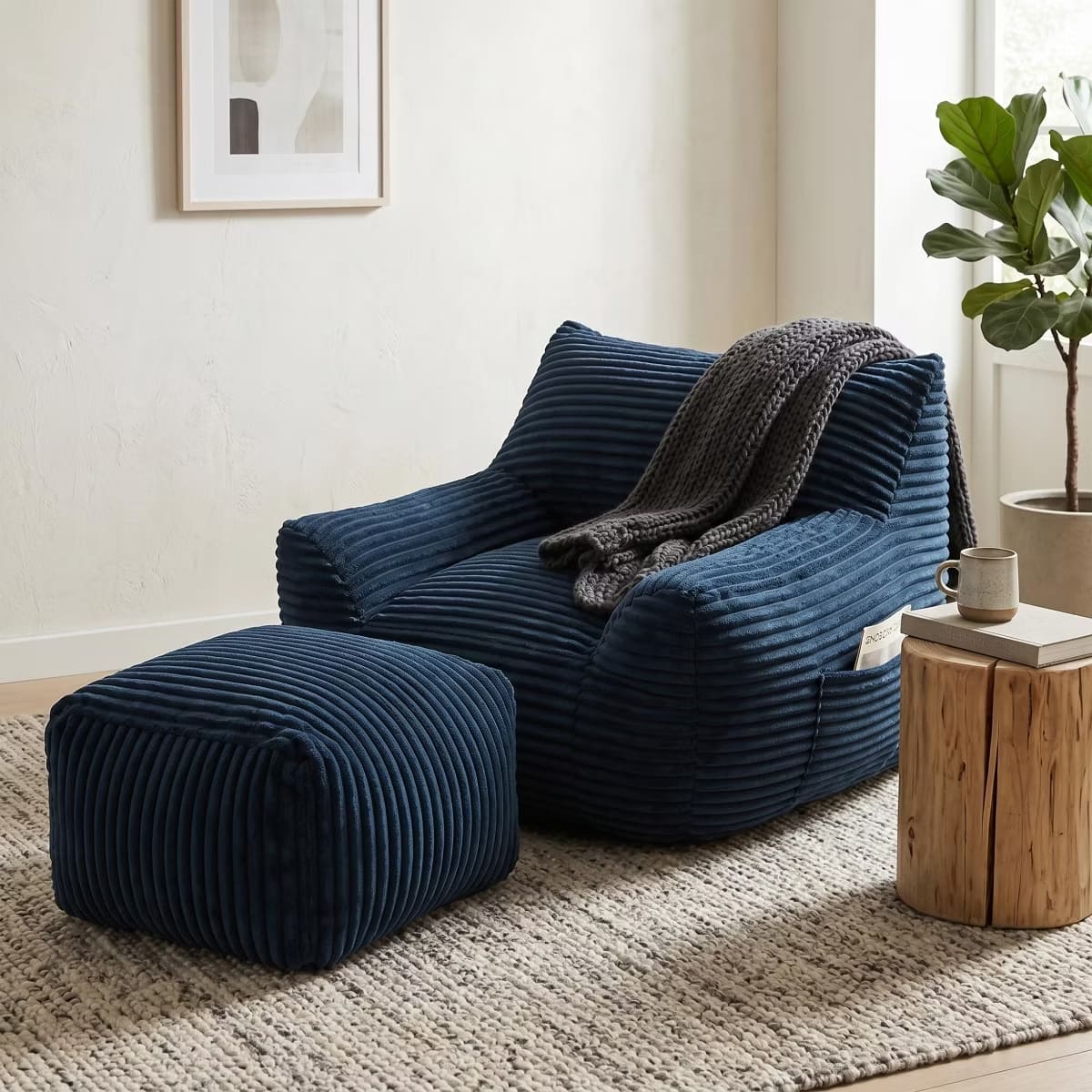 Oversized Bean Bag Chair with Ottoman, Plush Corduroy Adult Lounge Seat