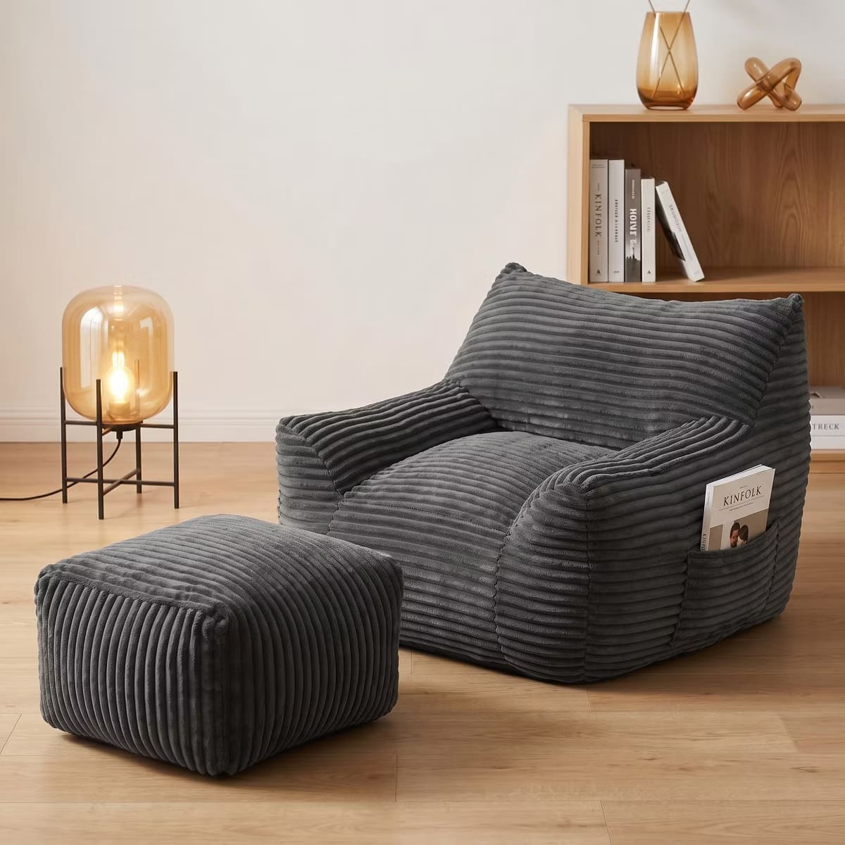 Oversized Bean Bag Chair with Ottoman, Plush Corduroy Adult Lounge Seat
