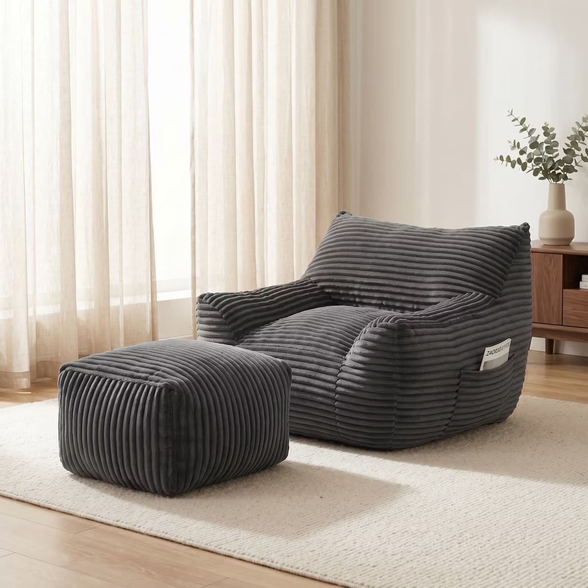 Oversized Bean Bag Chair with Ottoman, Plush Corduroy Adult Lounge Seat