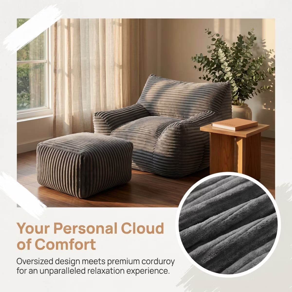Oversized Bean Bag Chair with Ottoman, Plush Corduroy Adult Lounge Seat