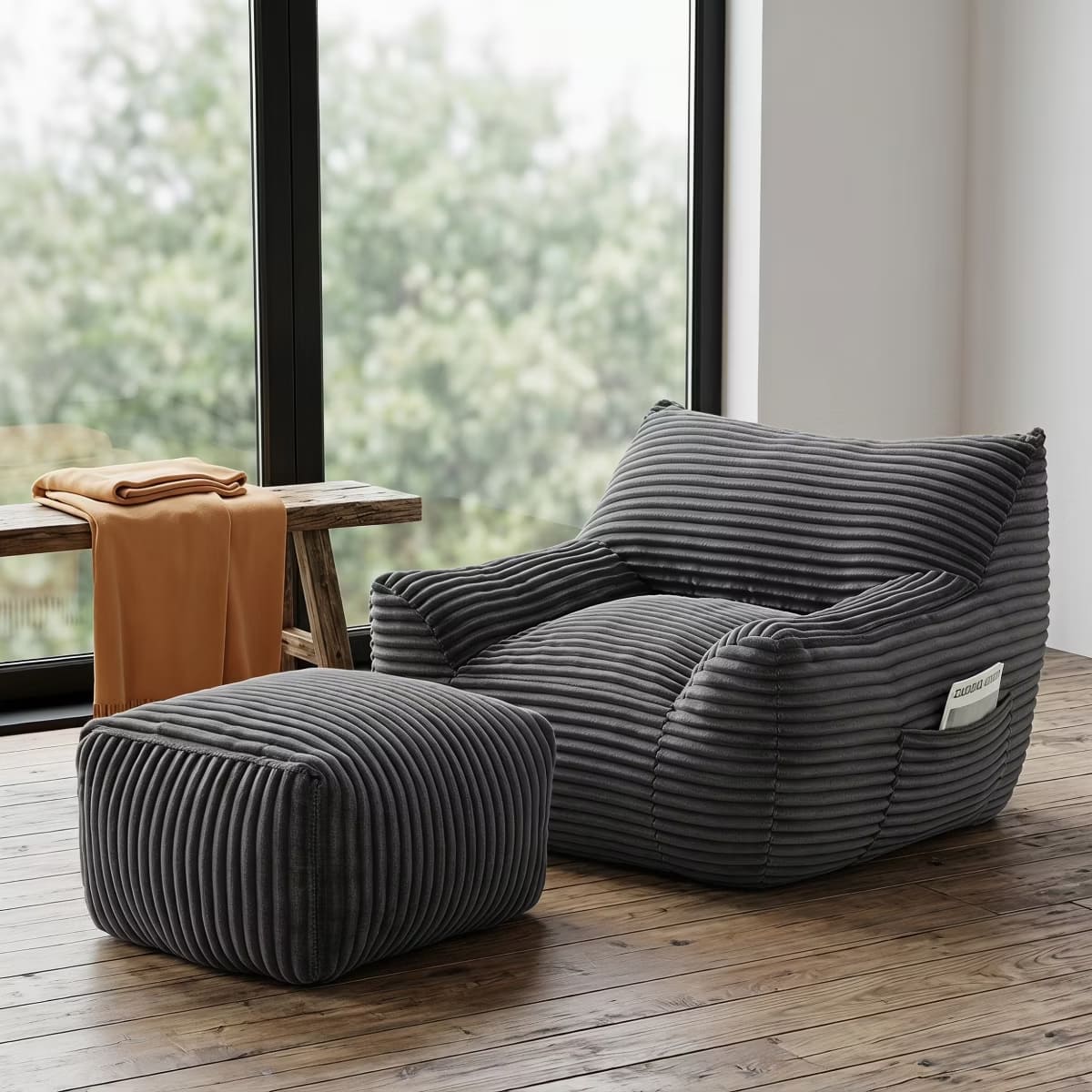 Oversized Bean Bag Chair with Ottoman, Plush Corduroy Adult Lounge Seat