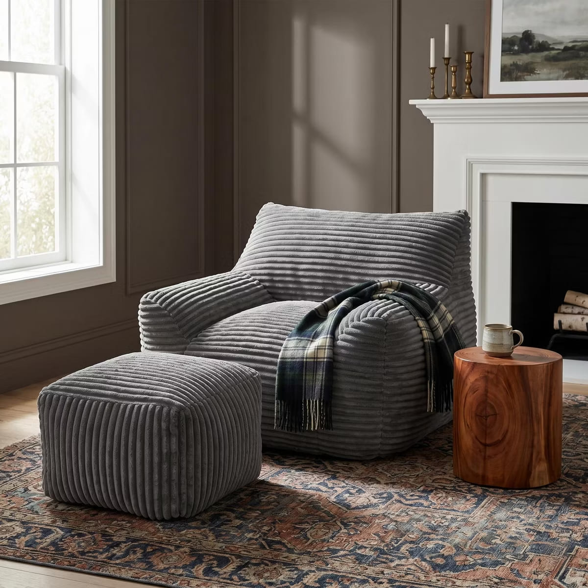 Oversized Bean Bag Chair with Ottoman, Plush Corduroy Adult Lounge Seat