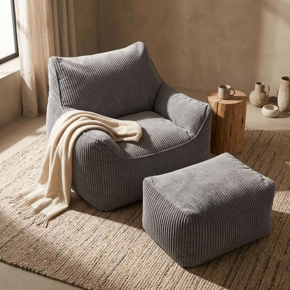 Oversized Bean Bag Chair with Ottoman, Plush Corduroy Adult Lounge Seat
