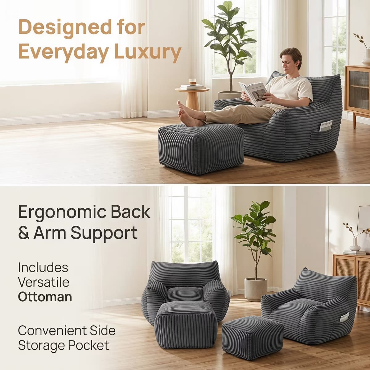 Oversized Bean Bag Chair with Ottoman, Plush Corduroy Adult Lounge Seat