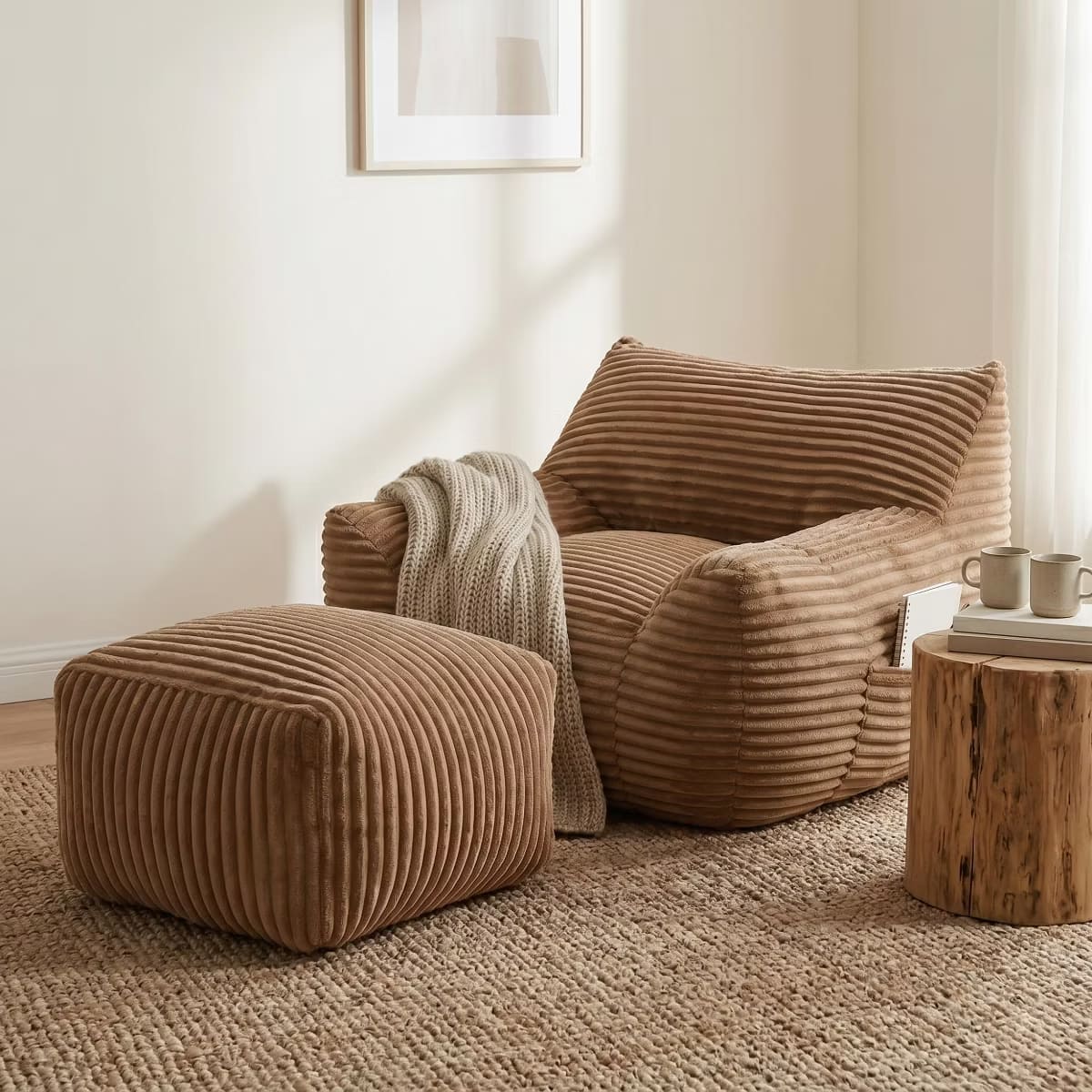 Oversized Bean Bag Chair with Ottoman, Plush Corduroy Adult Lounge Seat