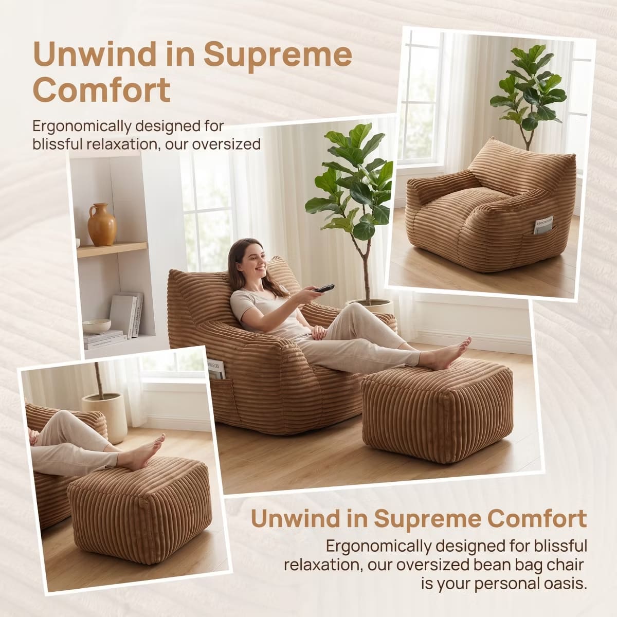 Oversized Bean Bag Chair with Ottoman, Plush Corduroy Adult Lounge Seat
