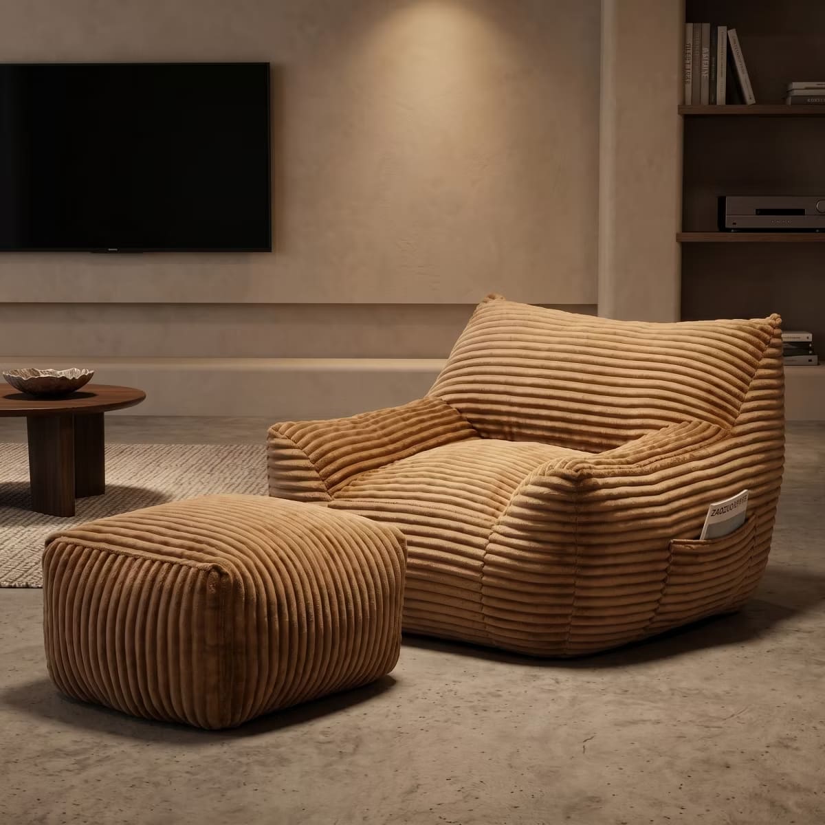 Oversized Bean Bag Chair with Ottoman, Plush Corduroy Adult Lounge Seat