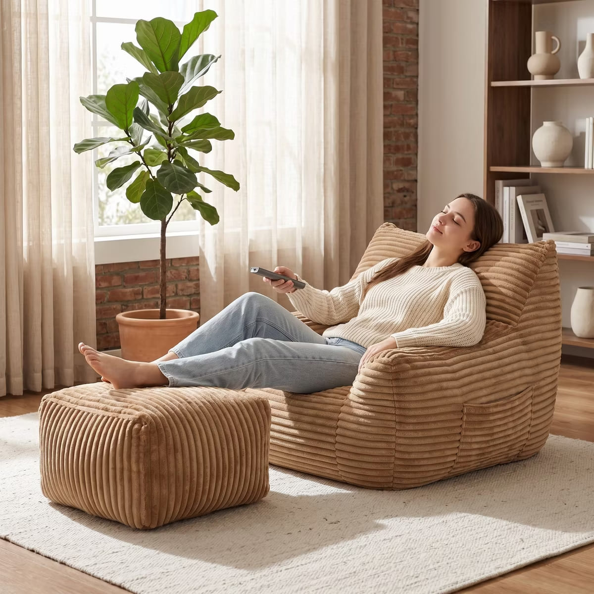 Oversized Bean Bag Chair with Ottoman, Plush Corduroy Adult Lounge Seat