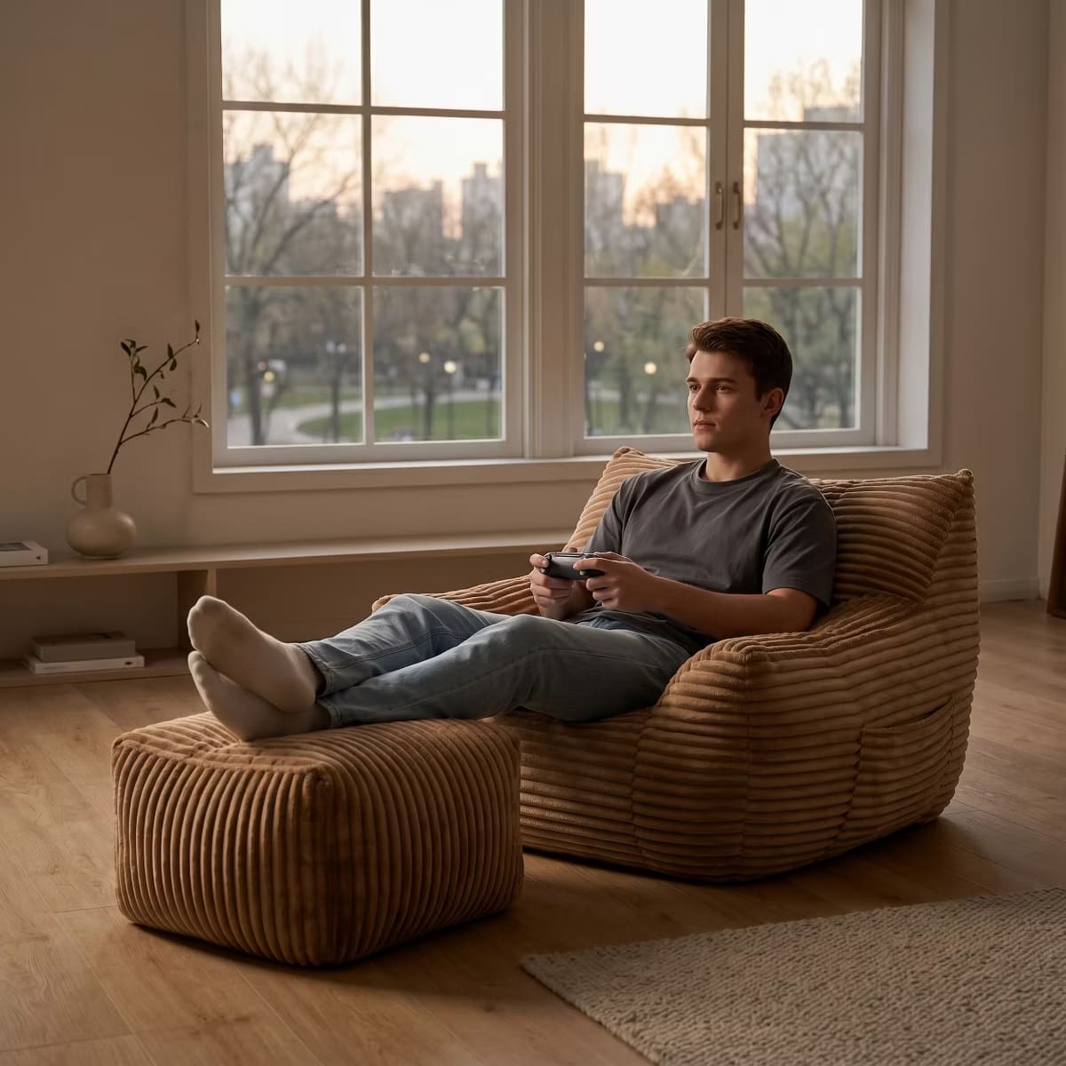 Oversized Bean Bag Chair with Ottoman, Plush Corduroy Adult Lounge Seat