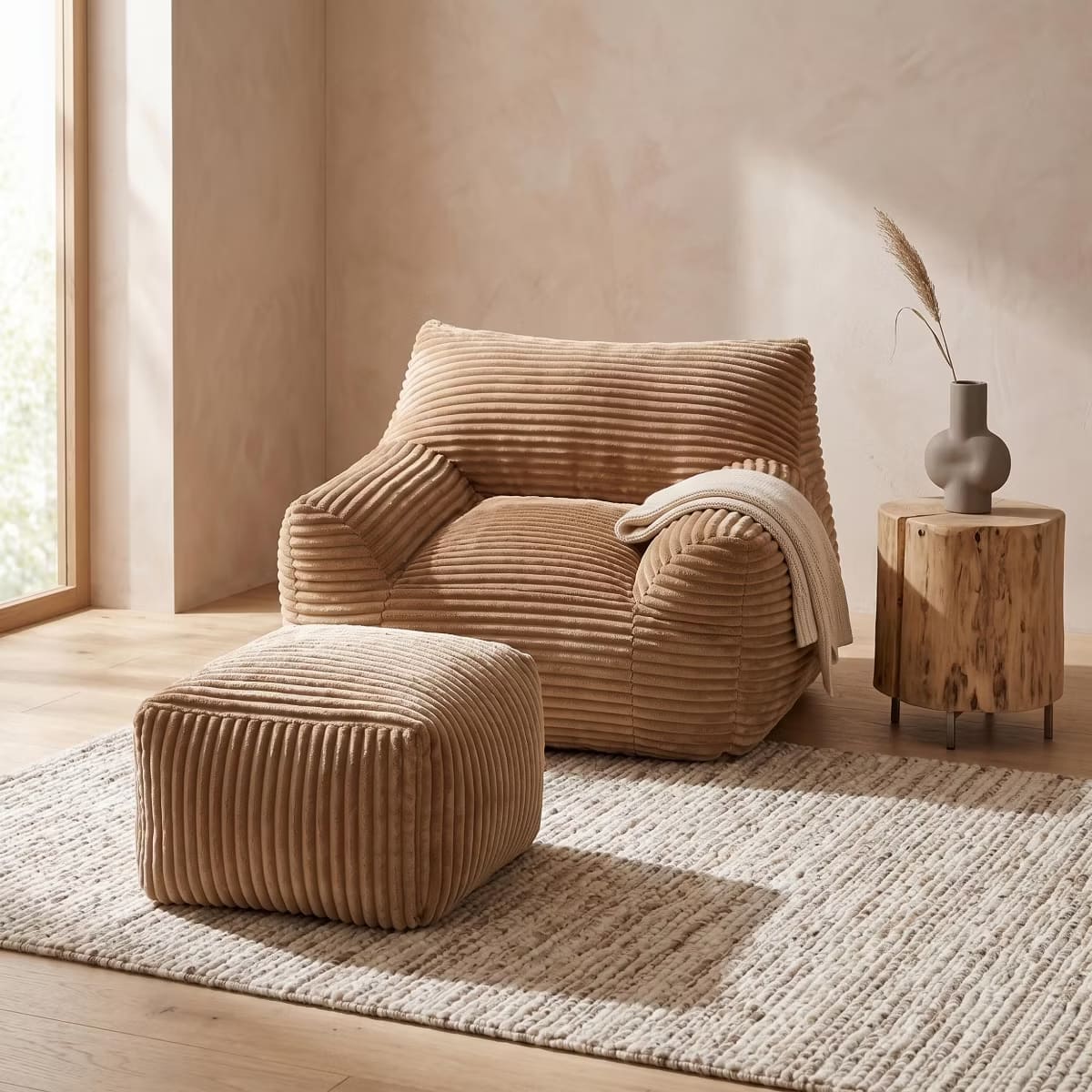 Oversized Bean Bag Chair with Ottoman, Plush Corduroy Adult Lounge Seat